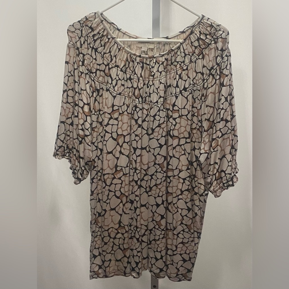Loft‎ Outlet Stretch Tan/Brown Print Short Sleeve Gathered Design size XL